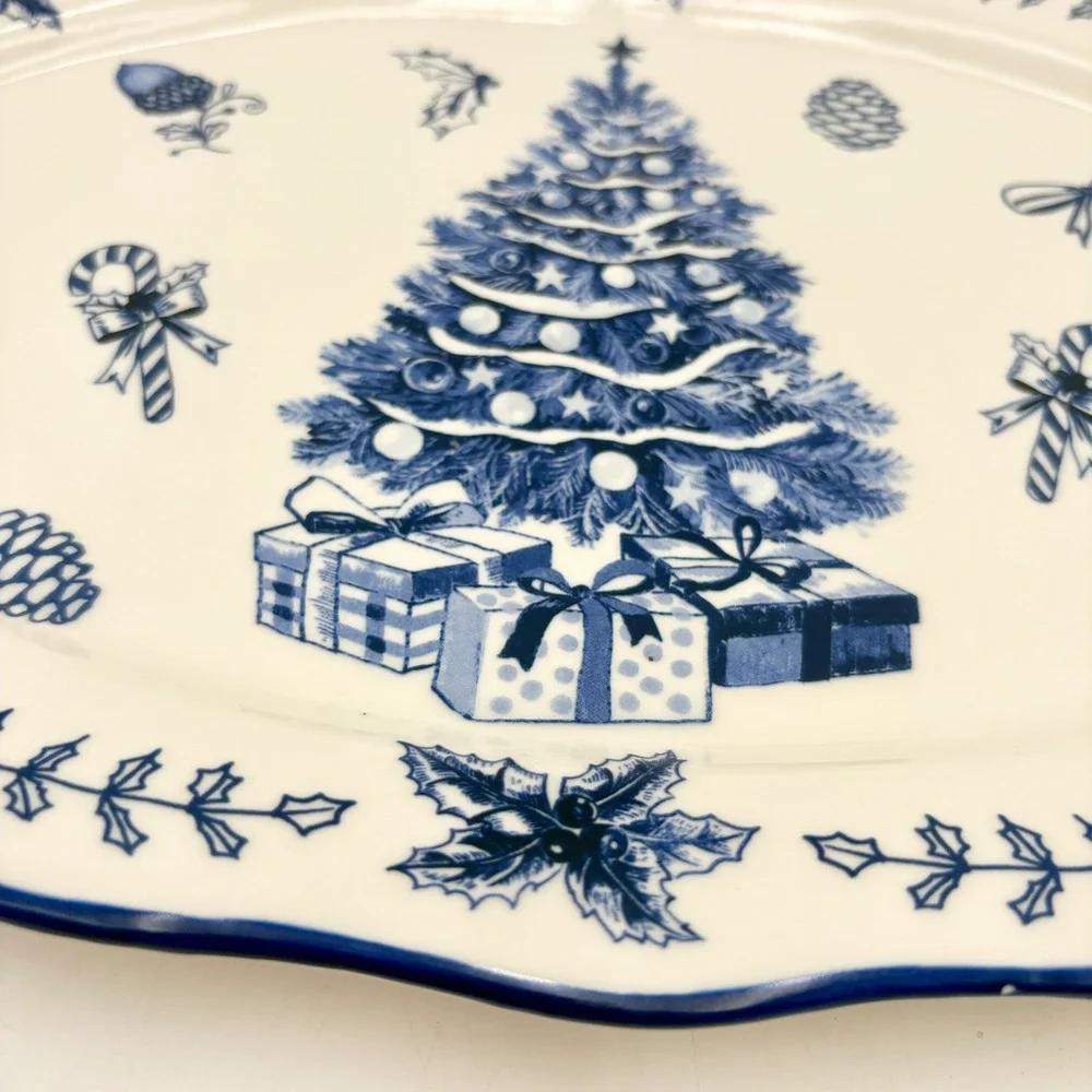 Potters Studio Blue White Christmas Tree Serving Platter Holiday Serving Dish
